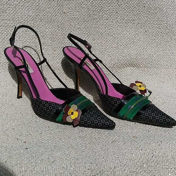 Prada Shoes - PRADA Silk and Leather Pointed Toe Kitten Heels